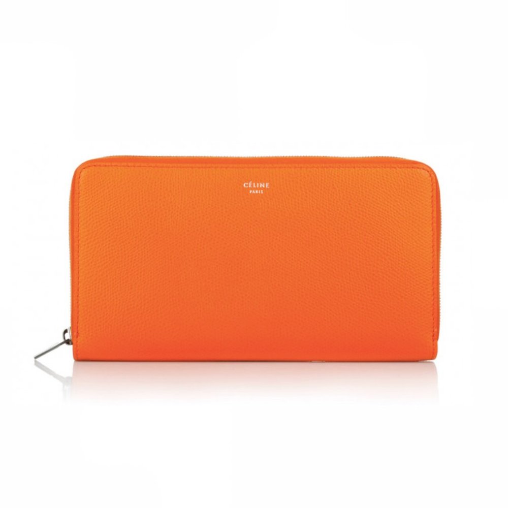 CELINE Zipped Orange Wallet in Grained Calfskin